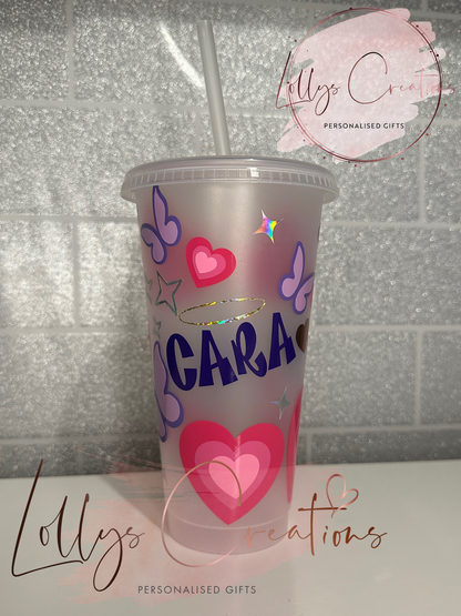 NEW y2k theme style 24oz cold cup with straw | personalised | purple & pink | butterflys hearts | retro sparkles