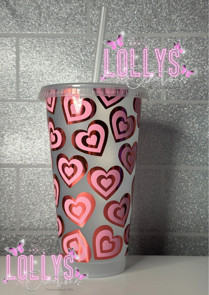 24oz cold cup with reusable straw y2k heart style pink blue purple red pink | personalised