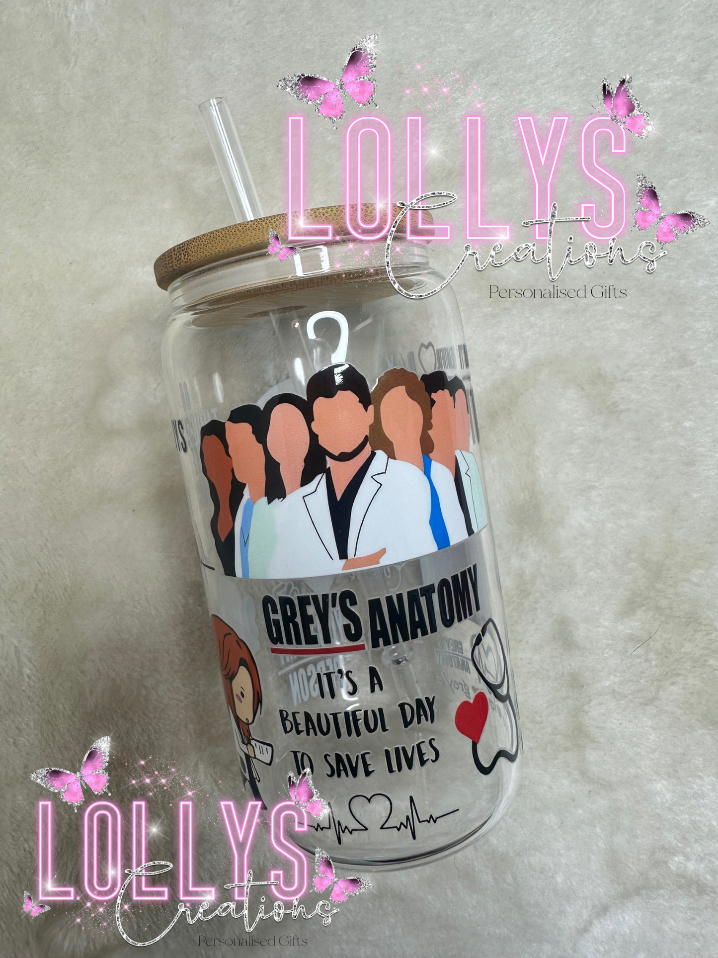 Greys Anatomy 16oz glass bamboo lid cup with straw | handmade to order design 2