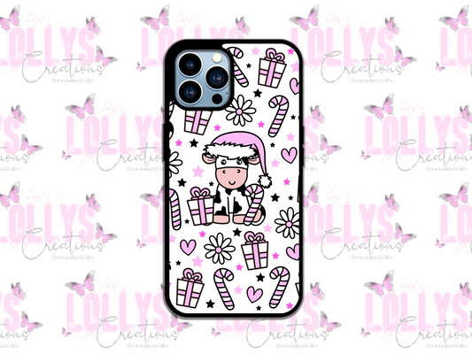 Pink christmas cow christmas phone case | can also be personalised