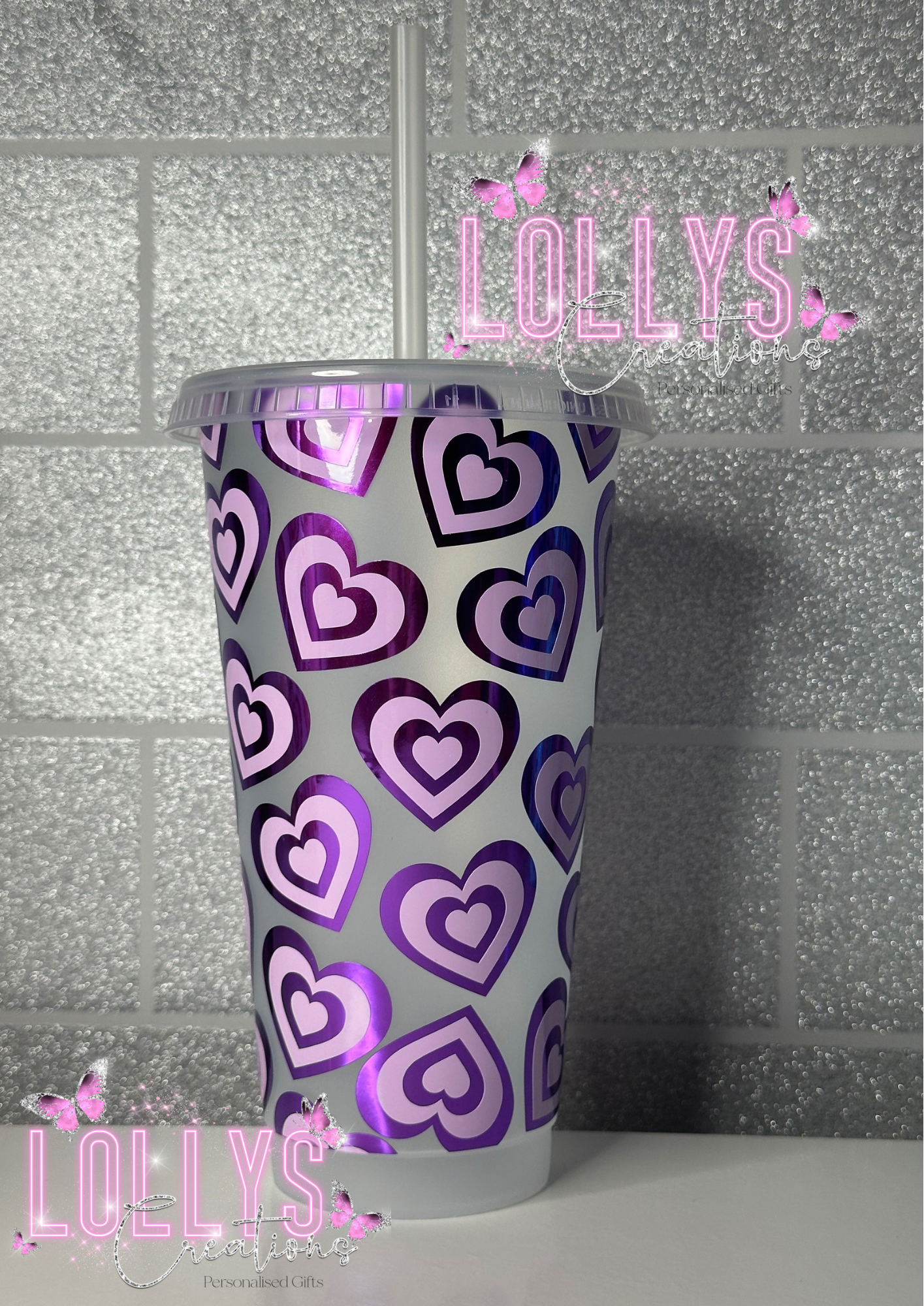 24oz cold cup with reusable straw y2k heart style pink blue purple red pink | personalised