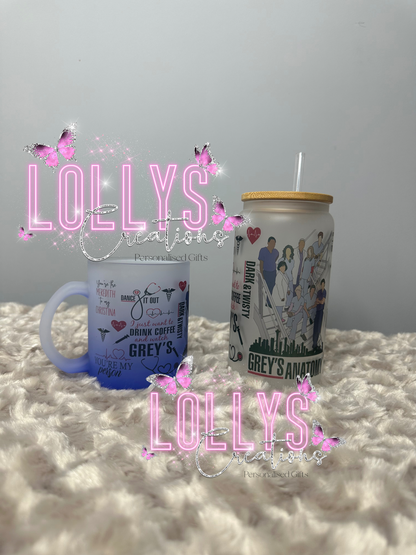 Greys anatomy gift bundle | 16oz glass with reusable straw & bamboo lid, 11oz frosted glass mug | handmade to order | gift bundle idea