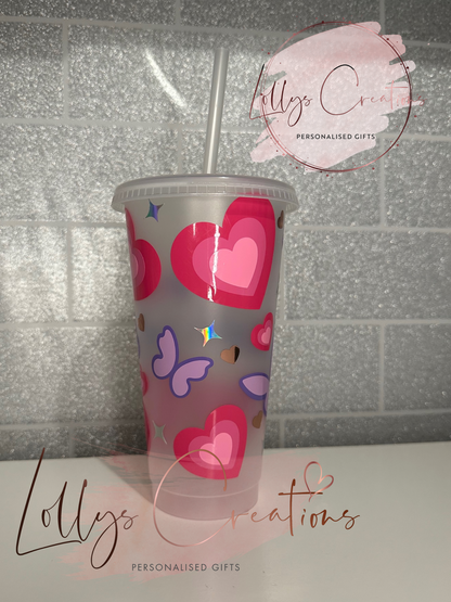 NEW y2k theme style 24oz cold cup with straw | personalised | purple & pink | butterflys hearts | retro sparkles