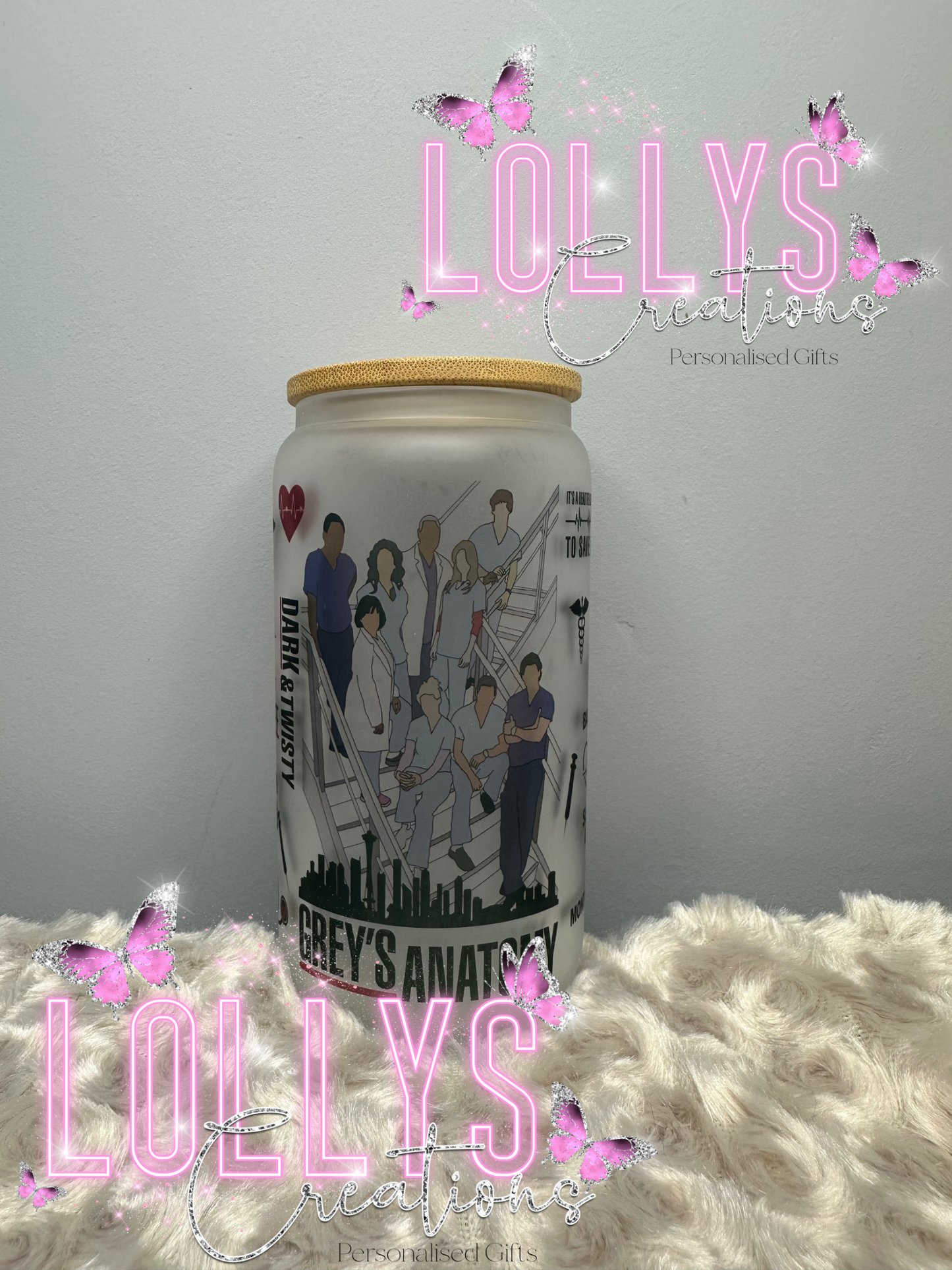 FROSTED Greys Anatomy design 1 16oz glass bamboo lid cup with straw | handmade to order