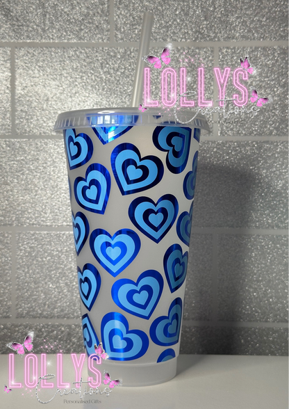 24oz cold cup with reusable straw y2k heart style pink blue purple red pink | personalised