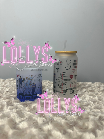 Greys anatomy gift bundle | 16oz glass with reusable straw & bamboo lid, 11oz frosted glass mug | handmade to order | gift bundle idea