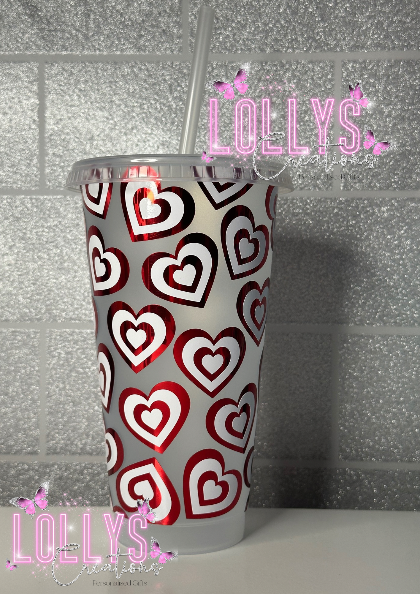 24oz cold cup with reusable straw y2k heart style pink blue purple red pink | personalised