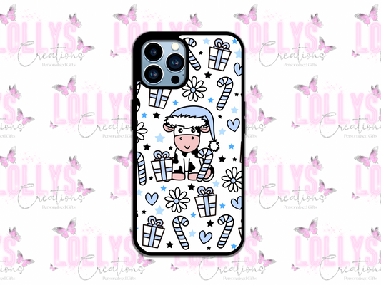 Blue christmas cow christmas phone case | can also be personalised