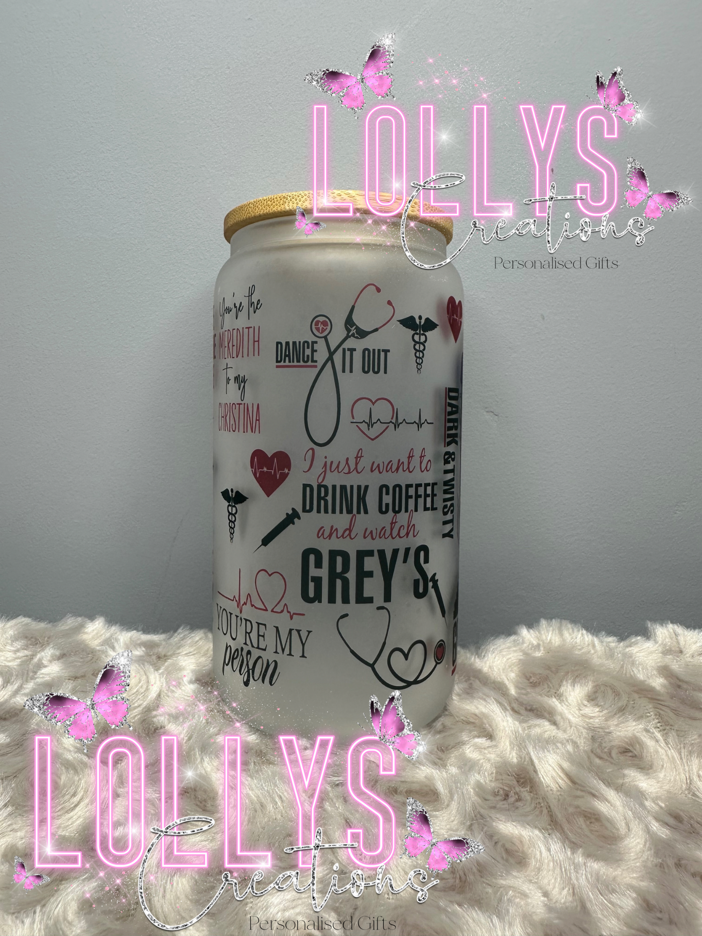 FROSTED Greys Anatomy design 1 16oz glass bamboo lid cup with straw | handmade to order