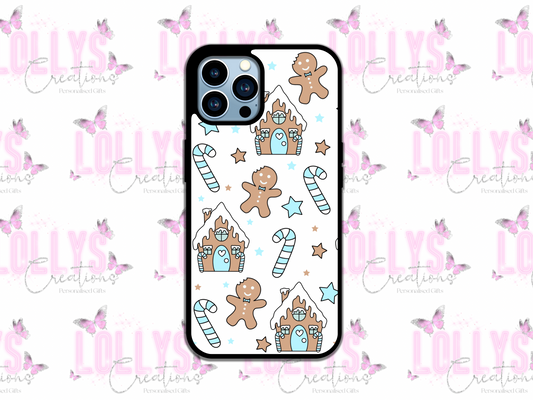 Blue gingerbread man & house christmas phone case | can also be personalised