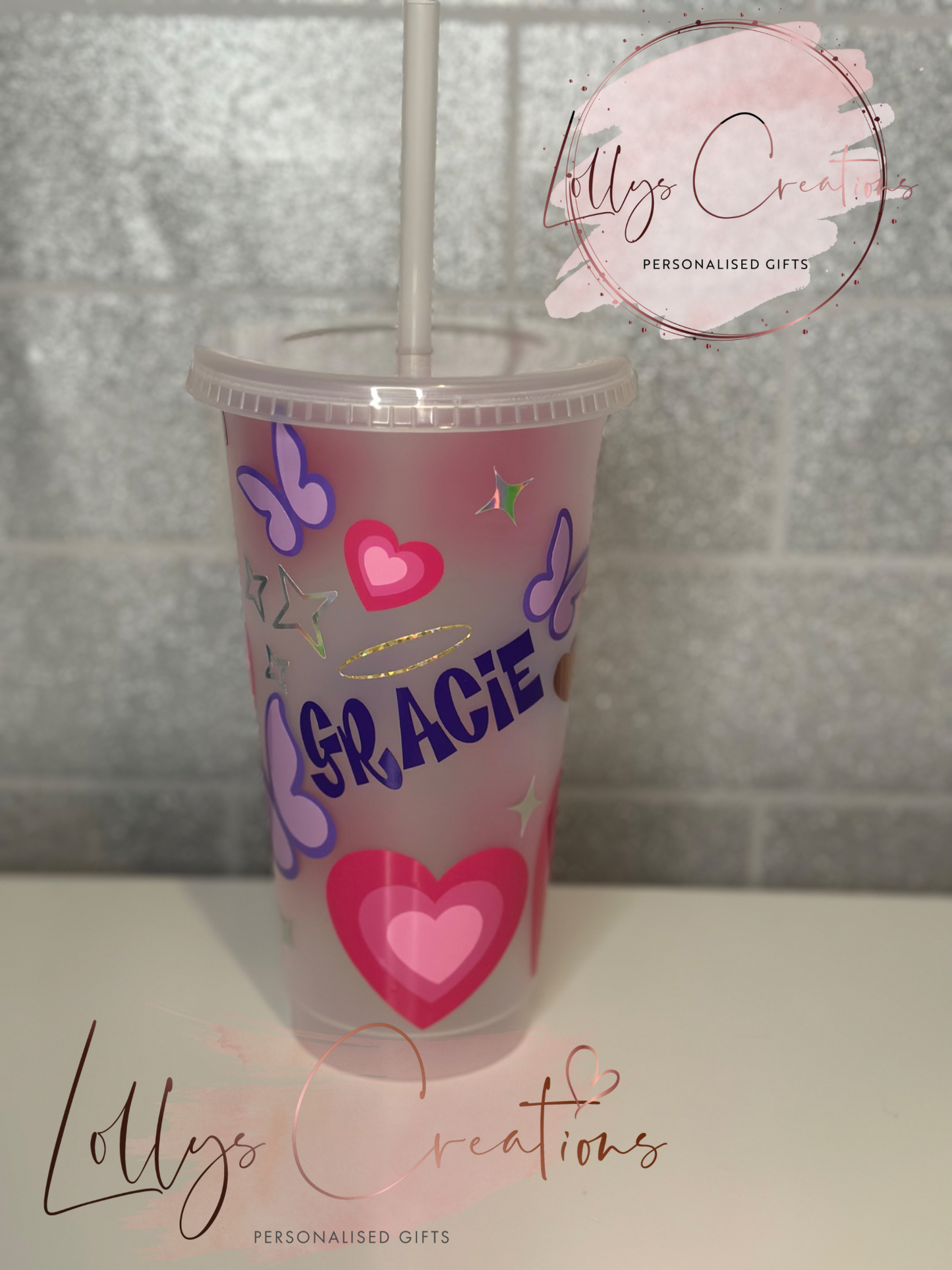 NEW y2k theme style 24oz cold cup with straw | personalised | purple & pink | butterflys hearts | retro sparkles