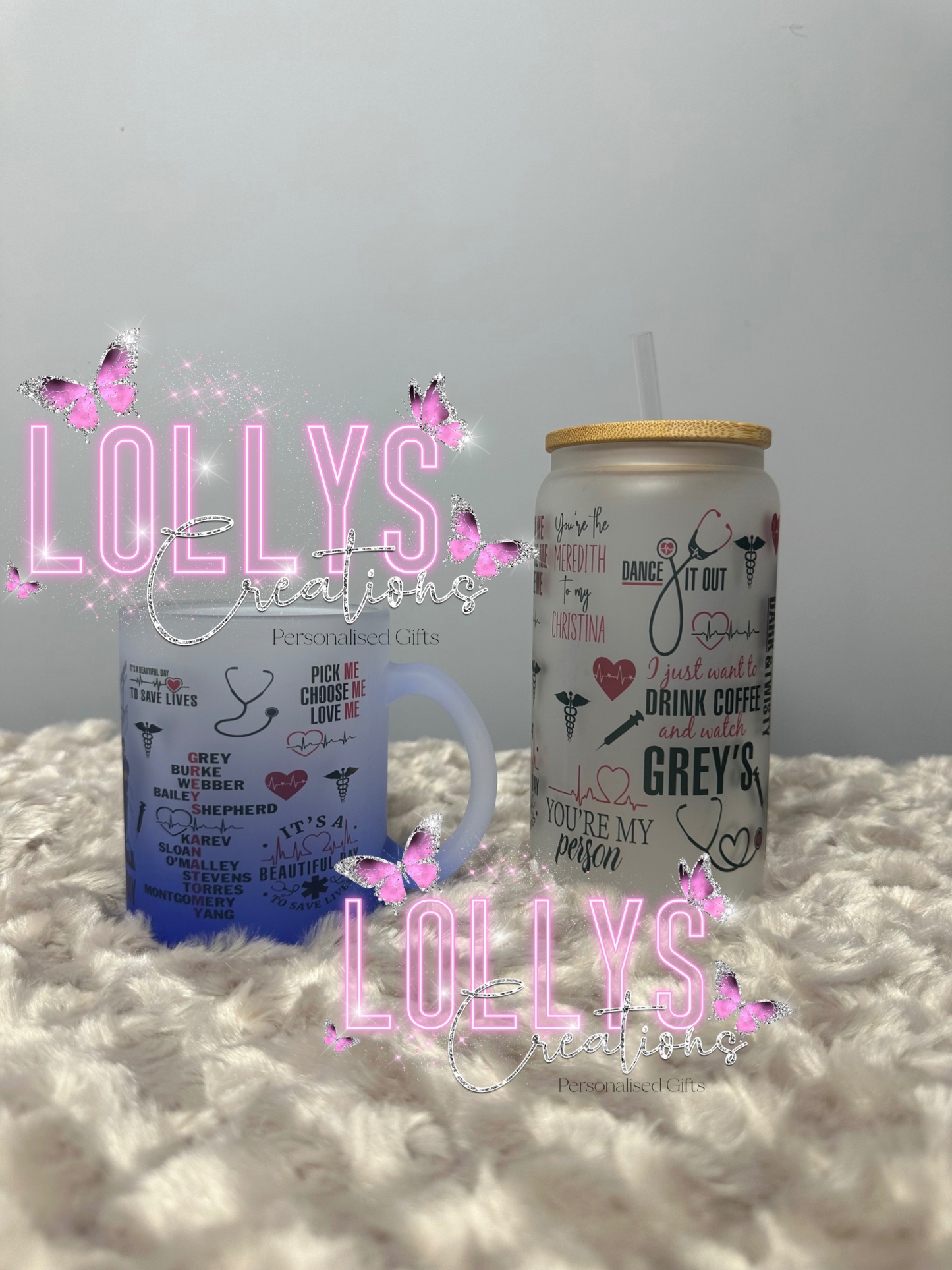 Greys anatomy gift bundle | 16oz glass with reusable straw & bamboo lid, 11oz frosted glass mug | handmade to order | gift bundle idea