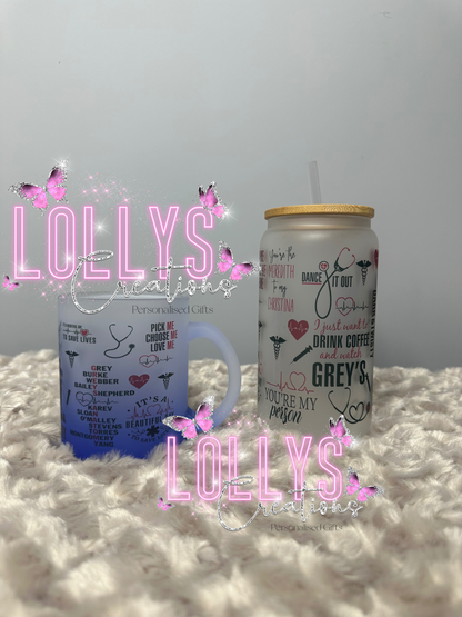 Greys anatomy gift bundle | 16oz glass with reusable straw & bamboo lid, 11oz frosted glass mug | handmade to order | gift bundle idea