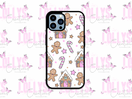 Pink gingerbread man & house christmas phone case | can also be personalised