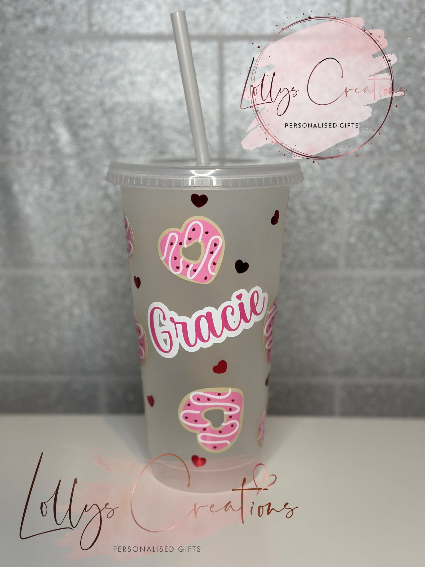 Personalised heart donut 24oz cold cup tumbler with straw