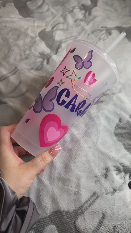 NEW y2k theme style 24oz cold cup with straw | personalised | purple & pink | butterflys hearts | retro sparkles